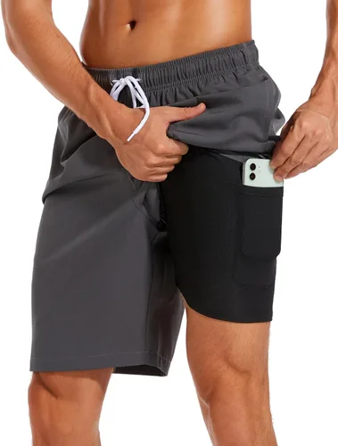 Vista 33 de Difficort - Traje de baño para hombre con forro de compresión, pantalones cortos de secado rápido con bolsillos con cremallera 1-a/ Rayas negras