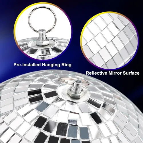 Vista 3 de MECCANIXITY Bola de espejo, 4, 6, 8 pulgadas, bolas de cristal para decoración de discoteca reflectantes con anillo para colgar, tono plateado