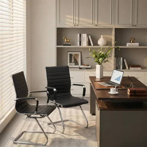 Vista 2 de Wahson Silla de oficina de piel resistente para invitados respaldo medio, sillas de cuarto de conferencia, recepci[on, set de 2 , Cuero, Negro