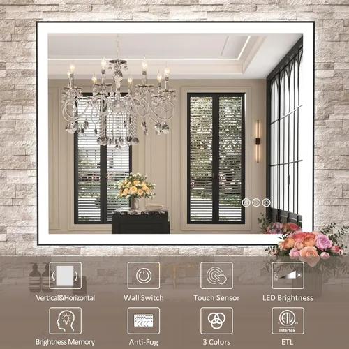 Vista 8 de Amorho Espejo de baño LED de 40 x 32 pulgadas con marco negro, luz frontal y retroiluminación (controlado por separado), regulable continuo