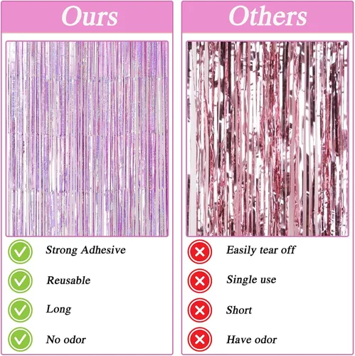 Vista 5 de RUBFAC 3 cortinas de telón de fondo con flecos de purpurina rosa de 3.3 x 8.2 pies, serpentinas de oropel, decoración de fiesta de cumpleaños, telón