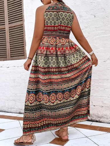 Vista 2 de MakeMeChic Vestido largo bohemio con lazo en la espalda, sin mangas, cintura alta, línea A, con cinturón