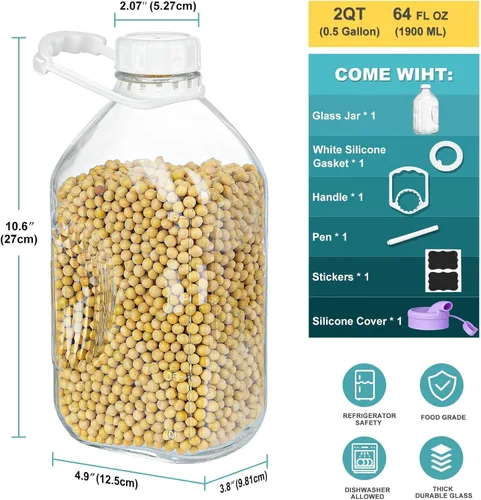 Vista 3 de Ritayedet Botella de leche de vidrio resistente de 64 oz con tapa de rosca hermética reutilizable y fuerte - Botellas de agua de 1/2 galón