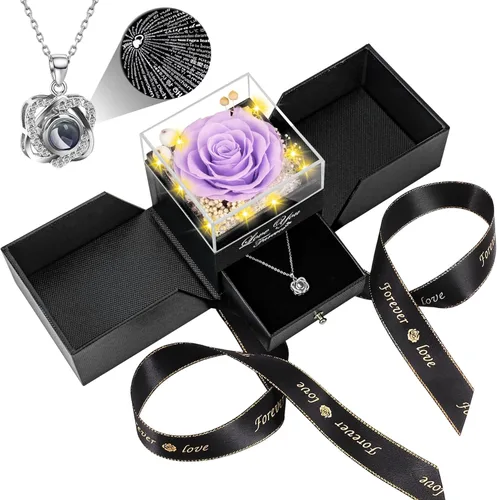 Vista 8 de Collar con diseño de rosa real preservada con corazón con texto en inglés "I Love You", flores eternas, regalos de cumpleaños para mujeres, mamá