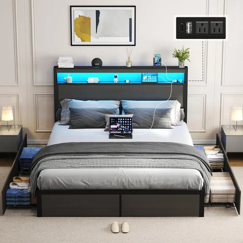 Vista 13 de SADENICEL Base de cama Queen con cabecera de almacenamiento y 2 cajones, marco de cama de plataforma de metal con luz LED, estación de carga,