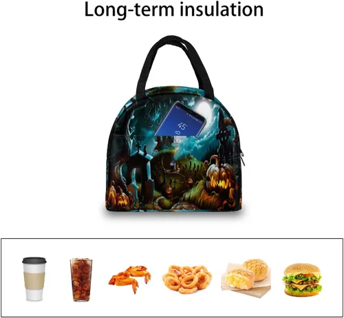 Vista 6 de Bolsa de almuerzo aislada para mujeres y hombres, Halloween, castillo de bruja, calabaza, impermeable, bolsa térmica reutilizable, contenedor