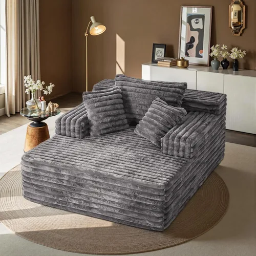 Vista 9 de Sofá tumbona extragrande de 67 pulgadas para interiores, sofá negro sin montaje, moderno sofá cama de pana con 3 almohadas suaves, sofá cama sin