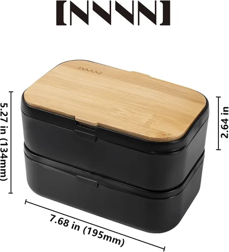 Vista 2 de Lonchera Bento Box para adultos, 2 recipientes apilables, 68 onzas, tapa de bambú natural, apta para microondas, apta para lavavajillas, sin BPA