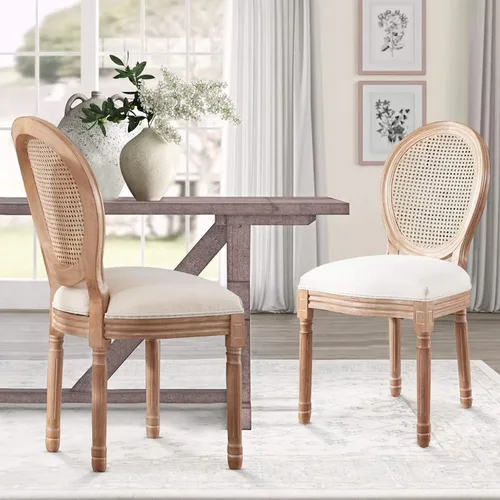 Vista 32 de Nrizc - Juego de 4 sillas de comedor de estilo francés rústico, sillas de tela de granja con respaldo redondo, silla de comedor de ratán, sillas