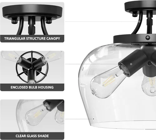 Vista 3 de VONLUCE Lámpara de techo semiempotrada, lámpara de techo de 13.8 pulgadas con pantalla de vidrio transparente, base E26, accesorio de iluminación