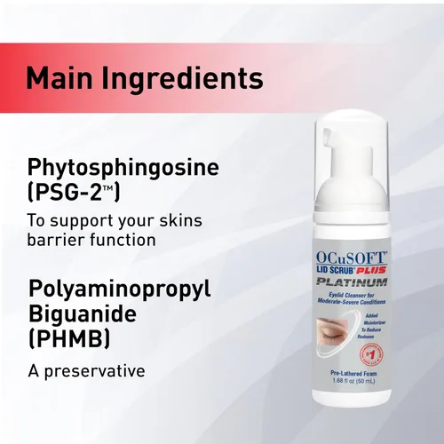Vista 3 de OCuSOFT - Limpiador de párpados con espuma PLUS Platinum de fuerza extra - Limpiador de párpados y pestañas de uso prolongado con fitosfingosina
