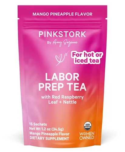 Té de preparación para el parto de hoja de frambuesa roja orgánica Pink Stork - Mango-piña con ortiga y moringa - Té para el embarazo del tercer