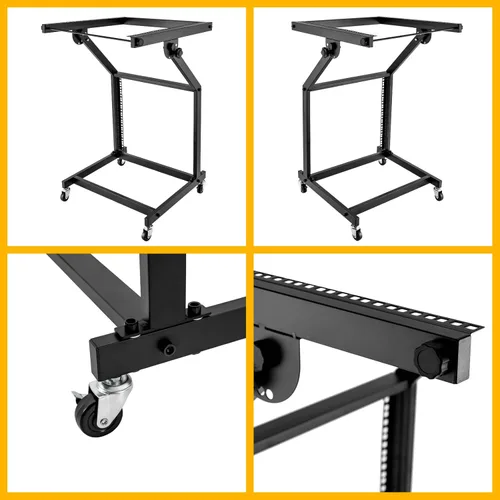 Vista 4 de Soporte mezclador de DJ 9U, ángulo ajustable, marco de hierro de almacenamiento de 2 capas, 4 ruedas (2 con frenos), estante universal para equipos