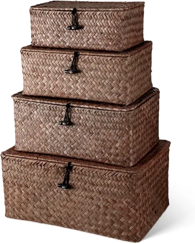 Woanger Juego de 4 cestas de almacenamiento de mimbre, contenedores de almacenamiento tejidos a mano con tapa para organizar, caja de utilidad para