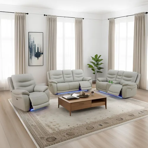 Vista 41 de Juego de sofá reclinable eléctrico para sala de estar, sofás reclinables de cuero blanco crema con puerto USB, sofá de cuero con sillón reclinable
