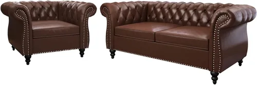 Vista 25 de Juego de 2 piezas para sala de estar, sofá Chesterfield de cuero con reposabrazos enrollados y tachuelas para sala de estar, oficina (negro)