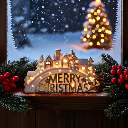 Vista 7 de Bdor Decoración de Aldea Navideña de Cerámica Iluminada – Escena de Casa LED Blanca de 11" con Letrero Dorado "Merry Christmas" – Decoración de Mesa