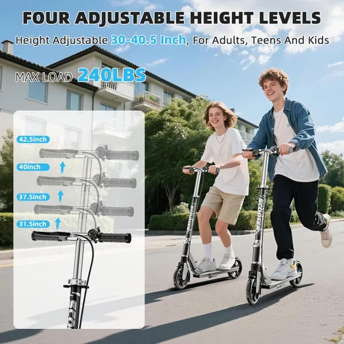 Vista 4 de Scooters for Kids 8-12, Teens & Adults - Load 240 LBS, 8-Inch Wheels, Kick Scooter with Shock Absorption System, Hand Brake & Bell, 4 Adjustable