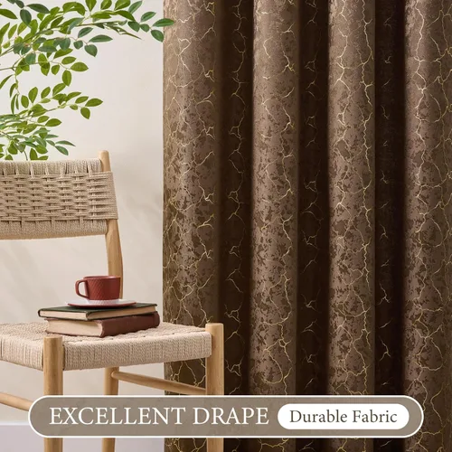 Vista 4 de Cortinas marrones y doradas de 63 pulgadas de largo, 2 paneles de cortinas geométricas para oscurecer la habitación, cortinas con ojales, estampado