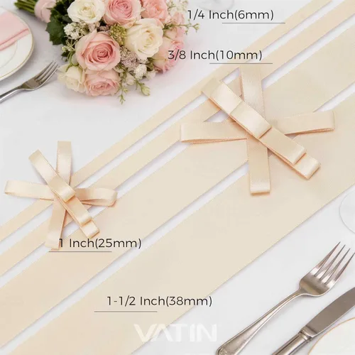 Vista 4 de VATIN - Cinta de satén de doble cara beige de 1/4", 25 yardas continuas, cinta de poliéster beige para ramo de lazos, envoltura de regalos, arreglo