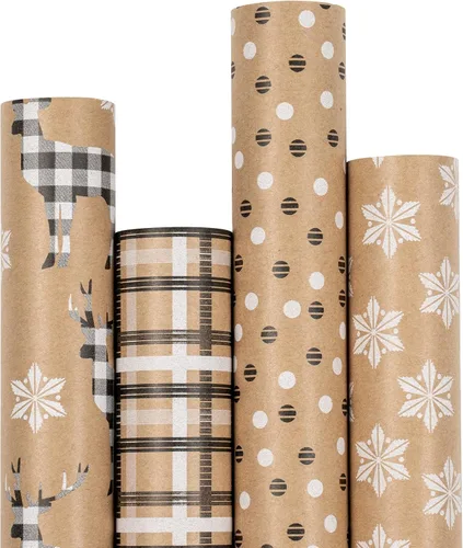 Vista 11 de RUSPEPA - Papel para envolver regalos de Navidad, papel kraft café con impresión de elementos navideños negros - 4 rollos de 30 pulgadas x 10 pies