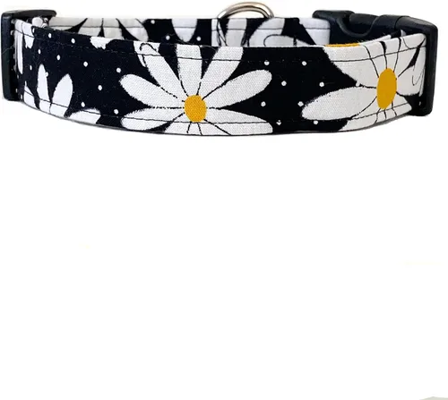Black and White Daisy Dog Collar with Buckle - Made in the USA - Handmade by Collars by Design (X-Small)