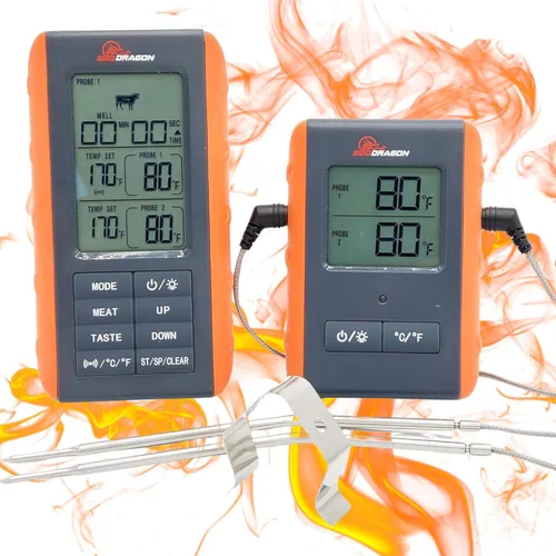 Vista 6 de BBQ Dragon Termómetro de parrilla de lectura instantánea, termómetro inalámbrico para carne, termómetro para ahumar, 2 sondas, sonda de temperatura