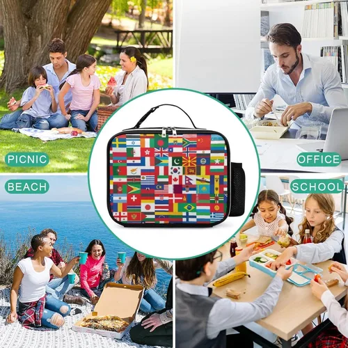 Vista 7 de Bolsa de almuerzo con bandera mundial, reutilizable, aislada, desmontable, de cuero, con asa para preparación de comidas, soporte para picnic