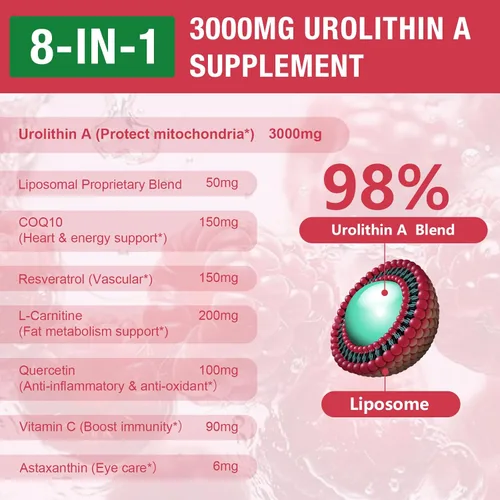 Vista 3 de 2 Pack 3000mg Liposome Urolitin A Gummies, 8 in 1 Recipe,Contains Coq10, Resveratrol, L-carnitine, Quercetin, VC, Axanthin, Supplement for Cell