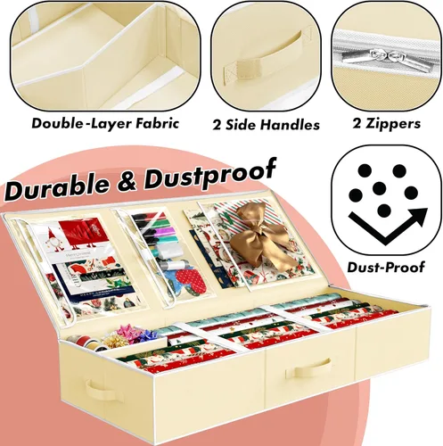 Vista 3 de Simple Houseware Organizador de almacenamiento de papel de regalo de 41.5 pulgadas, se adapta a 40 rollos con correas ajustables, divisor