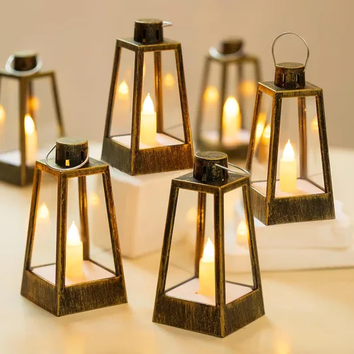 Romadedi Mini Farol Decorativo para Centros de Mesa - 10 Piezas Linternas de Velas Vintage Doradas con Velas LED Parpadeantes para Mesa de Boda
