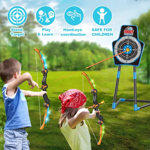 Vista 5 de SpringFlower 2 Bow and Arrow Sets with LED Light-up,2 Foam Dart Guns for Kids 5 6 7 8 9 10+ Years Old, Archery Set with Standing Target for Boys &
