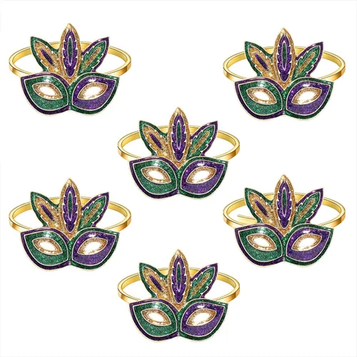 Vista 3 de 6 servilleteros de Mardi Gras, máscara con purpurina de flor de lis, servilleteros para colocar la mesa, servilletero de martes grasos, anillos