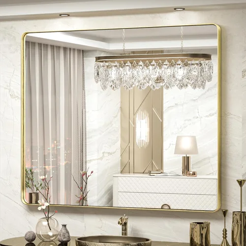 Vista 96 de TokeShimi Espejo de pared de baño de níquel cepillado de 20 x 30 pulgadas, marco de metal, esquina redonda, rectangular, para decoración del hogar