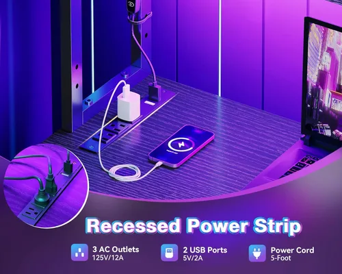 Vista 5 de AODK Escritorio en Forma de L para Gaming con Luz LED y Toma de Corriente, Mesa de Computadora Reversible en Forma de L de 43 Pulgadas con Estante