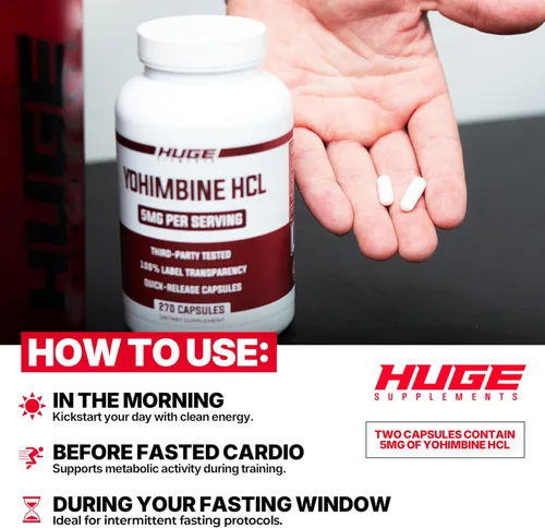 Vista 6 de Huge Supplements Yohimbine HCl 5 mg, probado por terceros, pérdida de grasa y apoyo energético, fórmula de rendimiento avanzado para recomendación