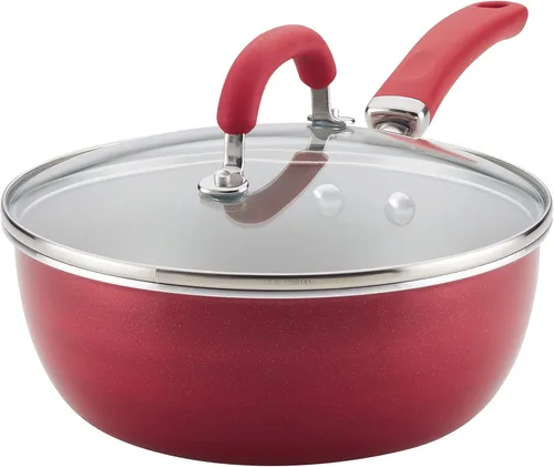 Rachael Ray Create Delicious - Sartén antiadherente para saltear/multiusos con tapa, 3 cuartos, color rojo brillante