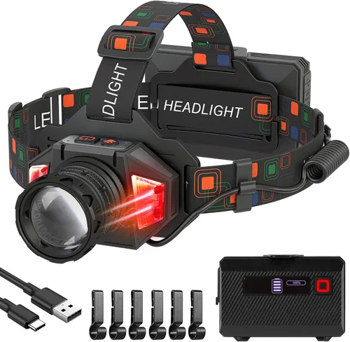 Linterna frontal LED recargable, 3000 lúmenes, potencia de batería, 9 modos, batería de larga duración de 72 horas, sensor de movimiento, luz roja,