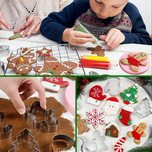 Vista 4 de Cortadores de galletas de Navidad, 4 piezas de acero inoxidable con formas navideñas, cara de Papá Noel, cara de muñeco de nieve, cara de reno, caja