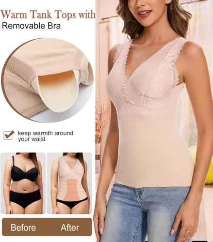Vista 3 de Camiseta sin mangas adelgazante para mujer, cuello en V, camisola de encaje con brasier integrado, capa base