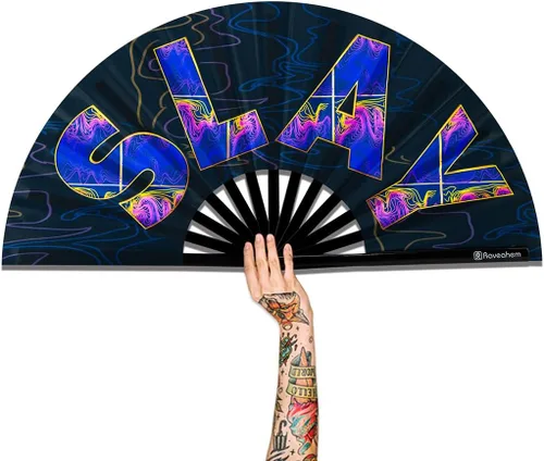 Vista 17 de Ventilador para rave con brillo UV, abanicos de mano plegables de bambú para hombres y mujeres, ventilador de botas en el suelo para decoración EDM