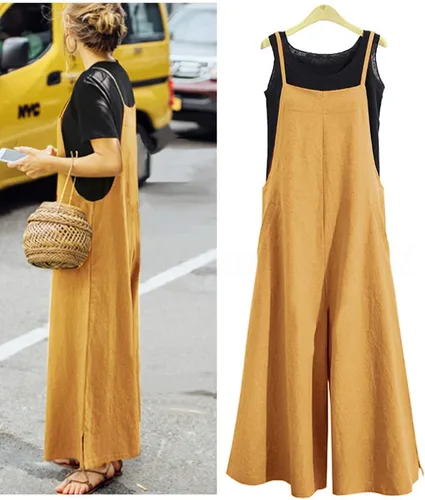 Vista 2 de YESNO Overol suelto de estilo casual para mujer corte amplio de algodón con bolsillos PZZ pantalones largos con pierna ancha