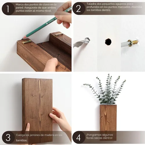Vista 5 de GRID FORTE Juego de 2 macetas de pared de madera de nogal oscuro, bolsillo de pared para vegetación y flores secas, decoración de pared de granja