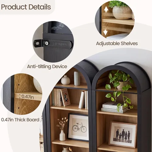 Vista 7 de Turtle&Myrtle Tall Narrow Arched Bookshelf, 8-Tier Skinny Arch Bookcase for Small Space, Freestanding Storage Organizer with Adjustable Shelves