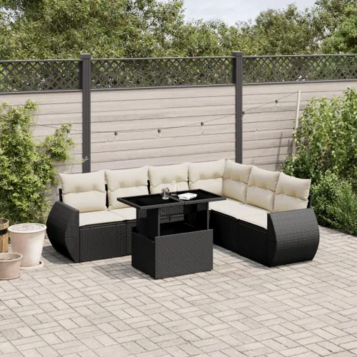 7 Piece Garden Sofa Set Black PE Rattan with Powder-Coated Steel and Tempered Glass, Modular Outdoor Seating with Removable Washable Cushions,