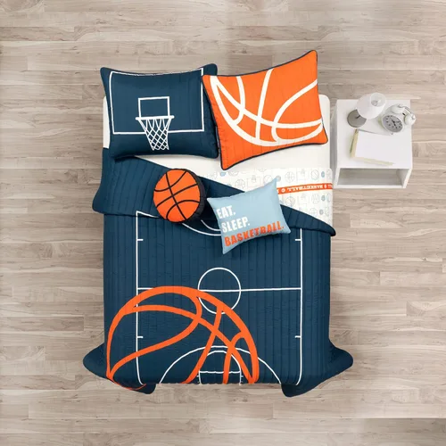 Vista 2 de Lush Decor Juego de edredón reversible de juego de baloncesto, tamaño Queen, 5 piezas, matrimonial/queen, azul marino, juego de ropa de cama