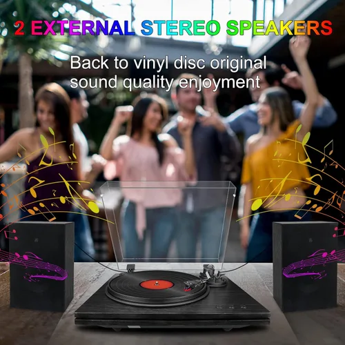 Vista 5 de Tocadiscos para vinilo con altavoces, tocadiscos Bluetooth de 2 velocidades, con contrapeso ajustable, soporte RCA, sistema estéreo para el hogar