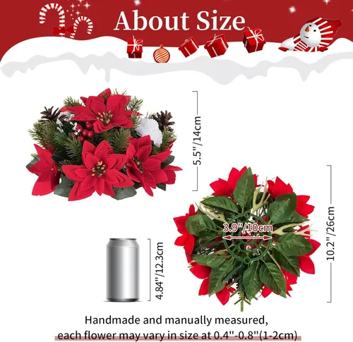 Vista 5 de BLOSMON Flores de Pascua artificiales de Navidad: 2 piezas de centros de mesa de bolas florales falsas rojas para decoraciones de mesas, flor