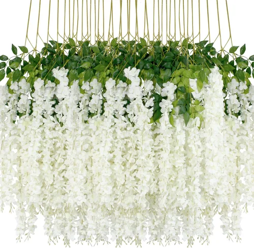 Vista 16 de 12 piezas de flores artificiales de glicinia de 3.6 pies por pieza, vid artificial blanca densa, guirnalda colgante de seda, flores artificiales