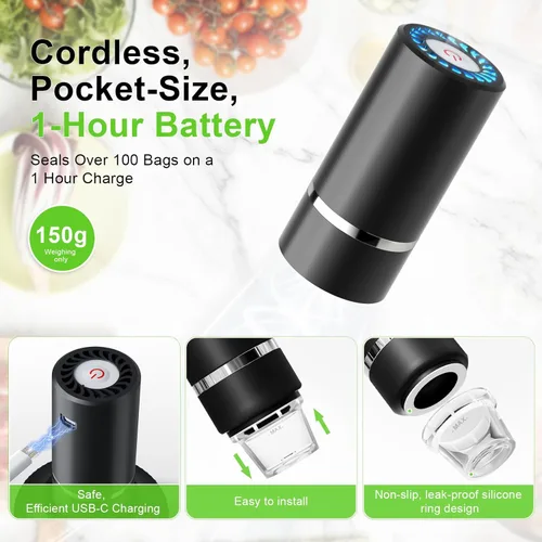 Vista 6 de Sellador al vacío de mano para alimentos, sellador al vacío de tarros Mason + tapón de vacío de 4 vinos + 10 bolsas de vacío reutilizables, mini